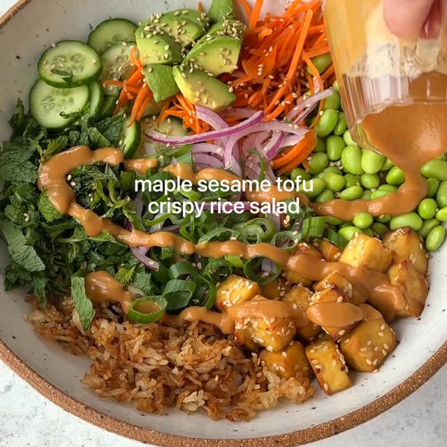 Maple Sesame Tofu Crispy Rice Salad with a peanut butter dressing!