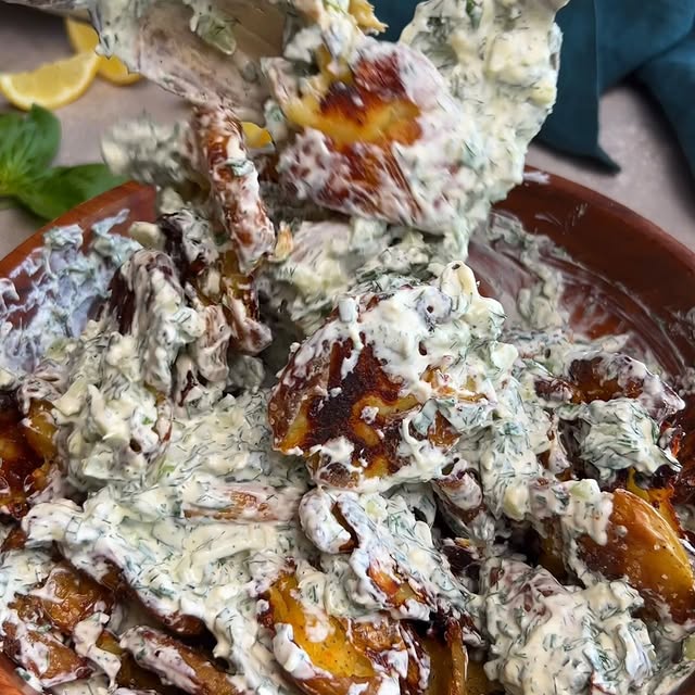 CRISPY SMASHED POTATO SALAD with CREAMY LEMON-HERB DRESSING
