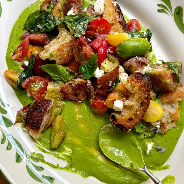 Dressed Tomatoes with Herby Sauce and Crispy Basil