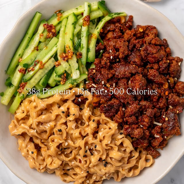 High protein creamy sesame noodle bowls + spicy beef & herby cucumbers
