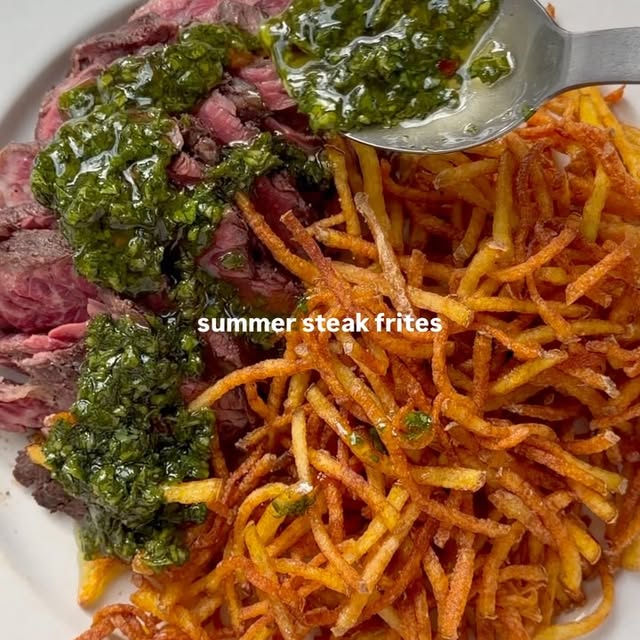 Summer steak frites with crispy shoestring fries and a punchy chimichurri